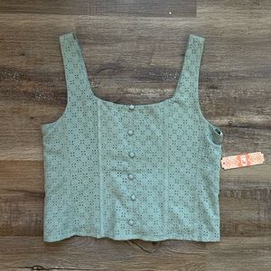 NWT GB Gianni Bini Eyelet Lace Cropped Square Neck Tank Top in Dusty Green
